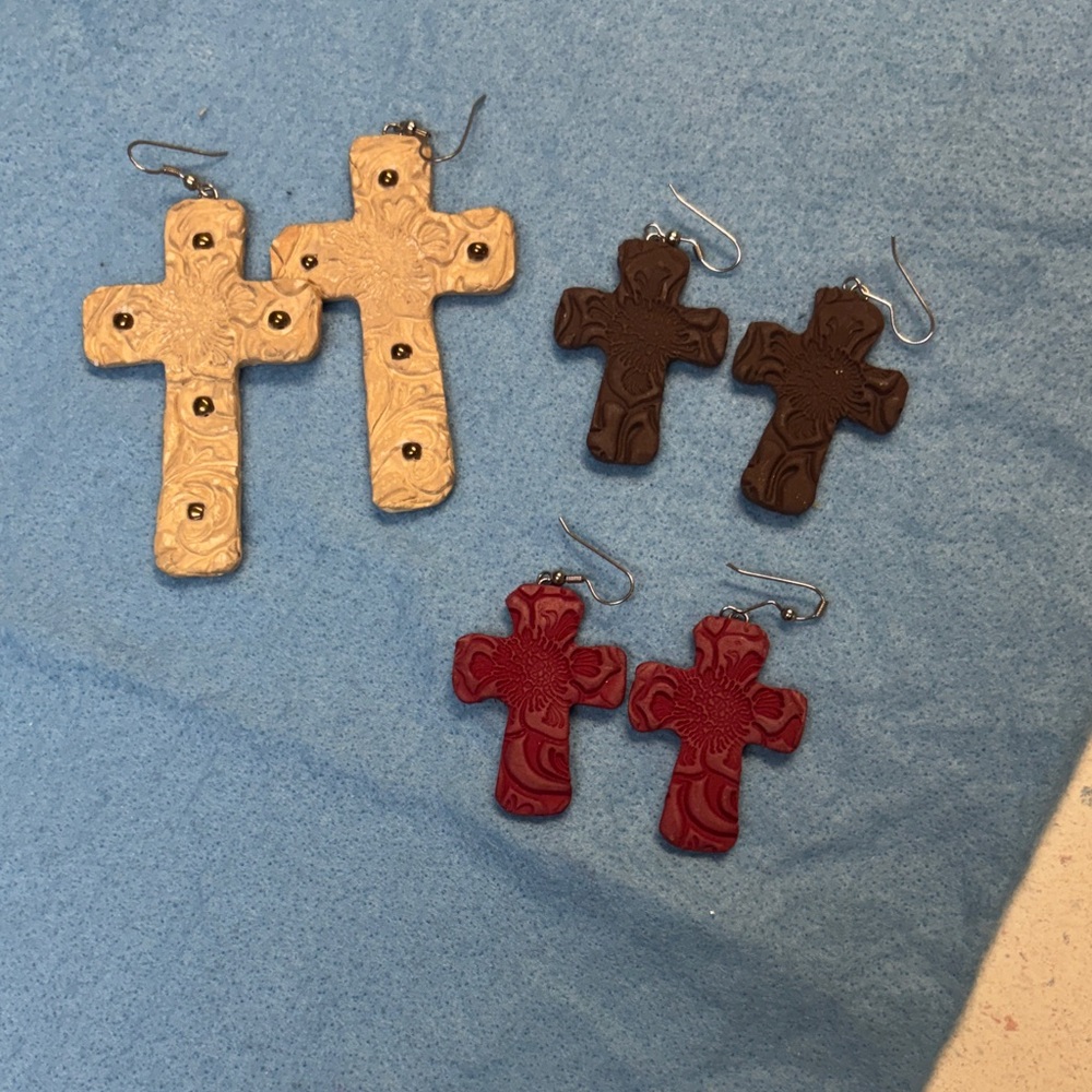 Cross Earrings Set - Cream, Brown, Red